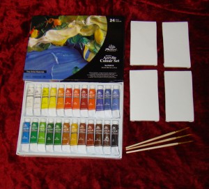 KOMPLET FARB AKRYLOWYCH 12X24 +3 PĘDZLE + 4 PŁÓTNA !!!